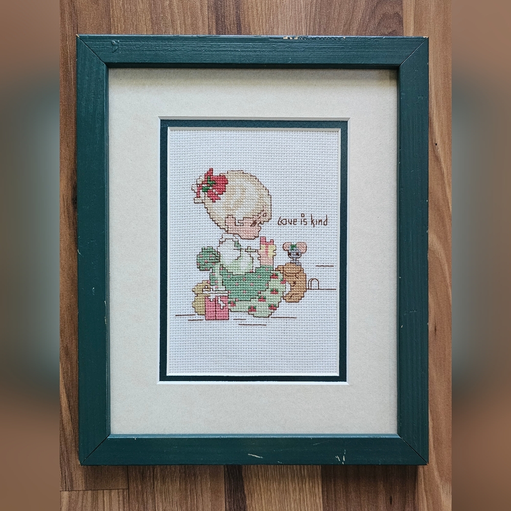 Green Framed Vintage Cross-Stitch Art, Precious Moments, Love Is Kind